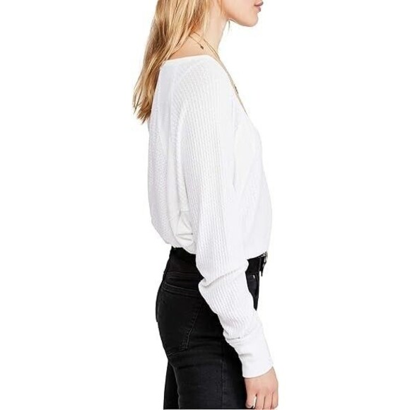 Free People Large Santa Clara Thermal Top Alabaster Ivory Waffle Knit V-Neck NWT - Picture 15 of 16